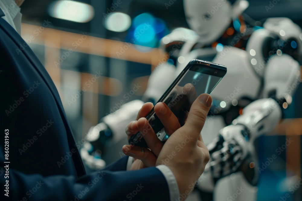 Poster businessman interacting with a chatbot on his smartphone in a futuristic setting