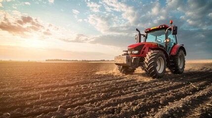 Fototapeta premium A red tractor is in a field with a beautiful sunset in the background