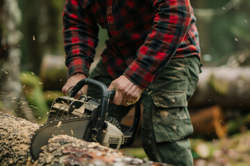 Man Operating Chainsaw Cutting Log in Forest