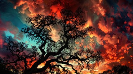 Majestic oak tree branches swaying under a sky of fiery colors.
