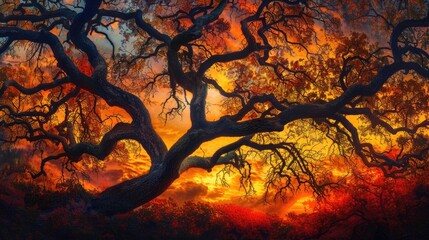 Majestic oak tree branches swaying under a sky of fiery colors.