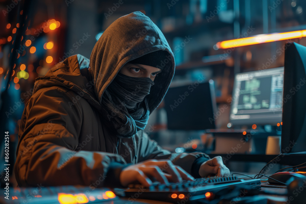 Poster masked hacker working late at night in a dark room