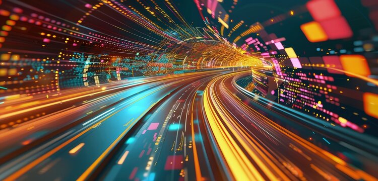 A realistic 3D rendering of a highway road merging into a digital world, with pixelated elements and vibrant colors creating a striking contrast.