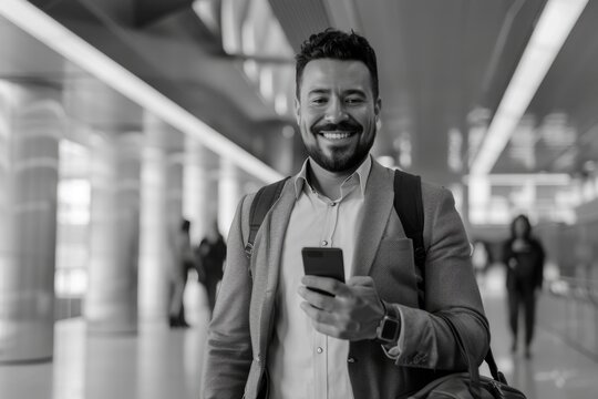 A person with a beard holding a cell phone, possibly in a contemplative or distracted state
