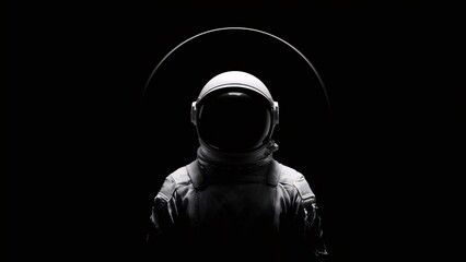 Half body of an astronaut in the middle of darkness with a half white line sphere of the moon.