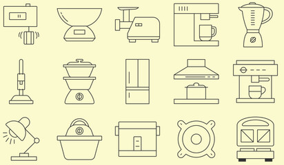 Set of 15 outline icons related to home appliance. Linear icon collection. Editable stroke. Vector illustration
