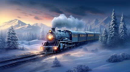 black steam locomotive in the snowy landscape forest mountains of Harz Germany in winter with snow, Steam engine train
