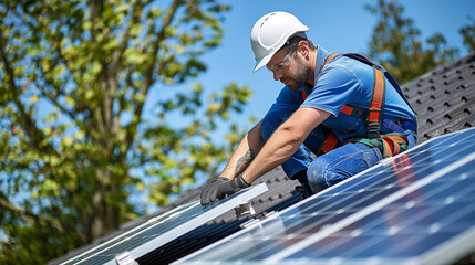 a worker installing a panel solar cell energy on a roof 