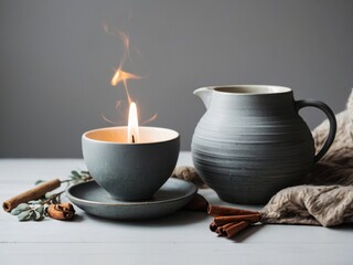Hygge interior. Candles in glass jars and cups. Soft tones of Northern coziness and warmth.