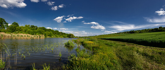 Hunting and fishing grounds in the central zone of Ukraine.Spring day in the recreational area.A pond, a meadow, flowers, clouds - paradise all around.