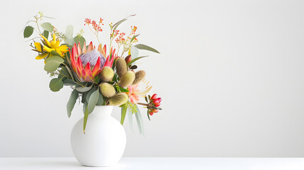 Beautiful floral arrangement of mostly Australian native flowers including protea banksia kangaroo paw eucalyptus leaves and gum nuts in a white vase on a white table with a white back : Generative AI © Generative AI