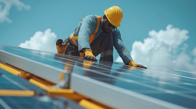 a worker installing a panel solar cell energy on a roof 