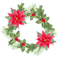 Christmas wreath with poinsettia flower, holly berries, leaves, pine, spruce. Illustration with watercolor, marker. Round natural frame for the winter holidays New Year. Hand drawn isolated clipart