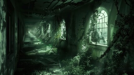 Eerie abandoned hallway overgrown with vegetation, dimly lit by the sunlight streaming through cracked windows.