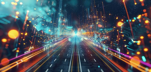 Obraz premium A beautiful 3D rendered scene of a highway road surrounded by a digital space background, with flowing data streams and glowing geometric shapes.