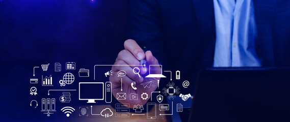 Businessman using technology equipment and line interface icons, Computer system resources and data storage, Cloud service technology marketing and business concept.