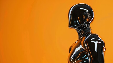 Gleaming chrome figure in a polished suit on a gradient orange backdrop, wide shot, soft ambient light