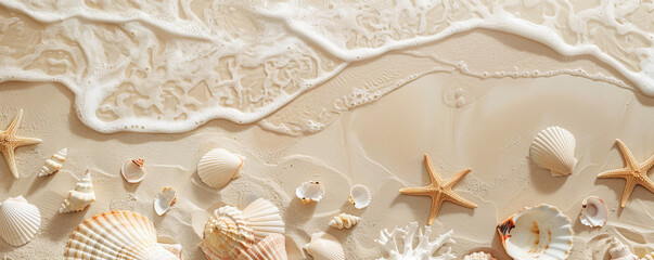 Beach wedding mockup card background featuring a serene sandy texture with seashells and starfish scattered around. Gentle waves create a peaceful and romantic vibe.