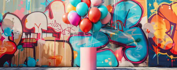 A podium with balloons in bold, contrasting colors, set against a striking, graffiti-themed birthday background with urban art