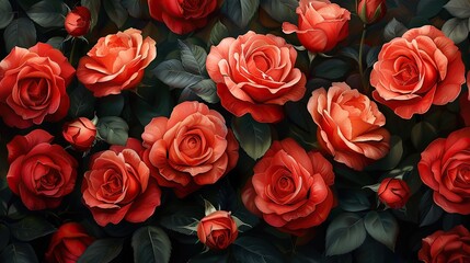 Obraz premium Red Roses Painting on Dark Background. Vibrant Colors Contrasting Beautifully. Elegant and Striking Floral Art with Seamless Pattern of Roses Flowers and Green Leaves