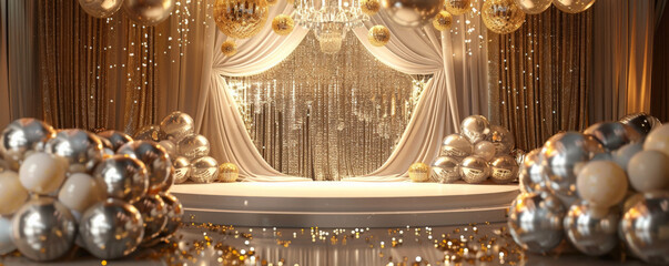 A podium framed by elegant, gold and silver balloons, with a luxurious birthday backdrop of shimmering curtains and chandeliers