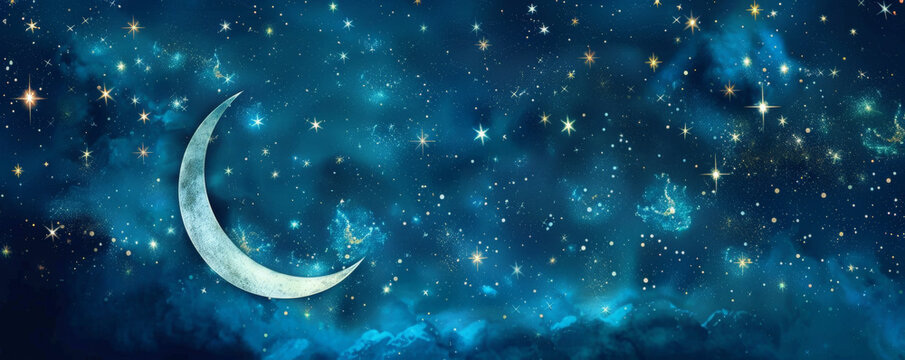 Celestial wedding mockup card background with a deep midnight blue and shimmering stars. Silver constellations and a crescent moon add to the magical, starry theme.