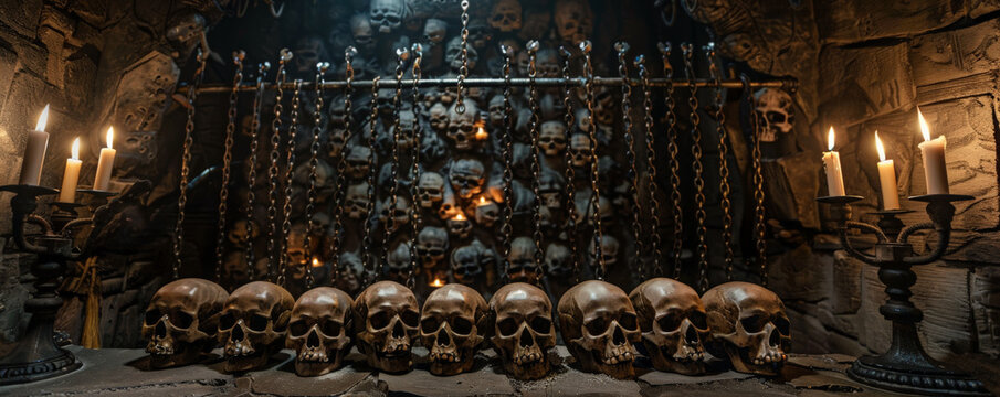 A medieval human skull frame setup featuring a frame constructed from skulls and iron chains, resembling a torture device. The backdrop includes a dark dungeon with stone walls and torches.