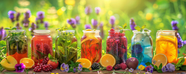 A vibrant tea background with a colorful display of iced tea jars, fresh fruits, and herbs arranged on a bright outdoor table