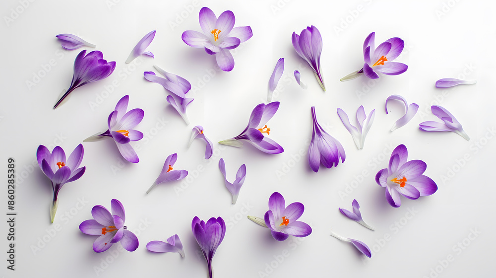 Poster Violet crocuses on a white background Spring flowers Top view flat lay : Generative AI