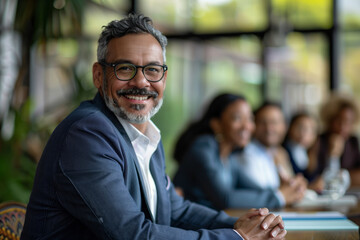 Obraz premium Smiling Latin Manager Leads Diverse Team Meeting in Modern Office