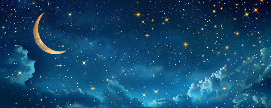 Starry night wedding mockup card background with a deep indigo sky and shimmering stars. A crescent moon and subtle constellations create a romantic, celestial theme.