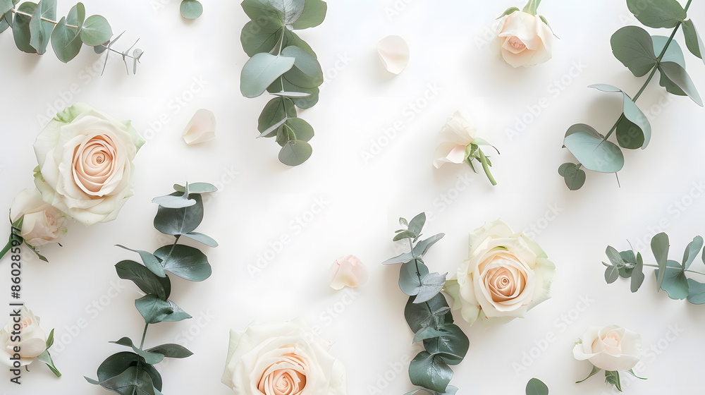 Poster flowers composition rose flowers and eucalyptus branches on white background flat lay top view copy 