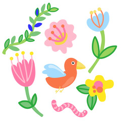 Colorful illustration of flowers, bird, and worm