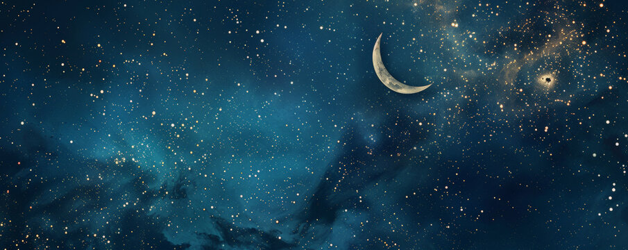 Starry night wedding mockup card background with a deep indigo sky and shimmering stars. A crescent moon and subtle constellations create a romantic, celestial theme.