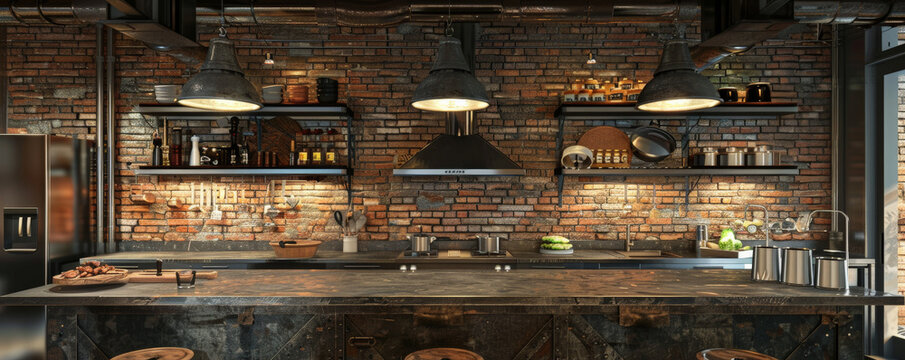Industrial chic kitchen podium background with exposed brick walls, metal countertops, and vintage industrial lighting. A mix of modern and rustic elements creates a unique look.