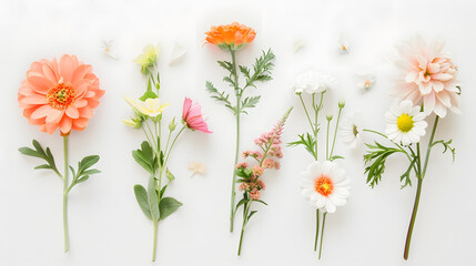 Flat lay of fresh flowers on white background : Generative AI