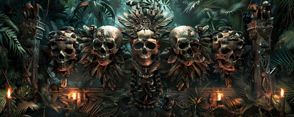 Fototapeta premium A tribal human skull frame background with a frame crafted from decorated skulls and feathers, arranged in a ritualistic pattern. The background includes a dense jungle with ancient tribal totems and