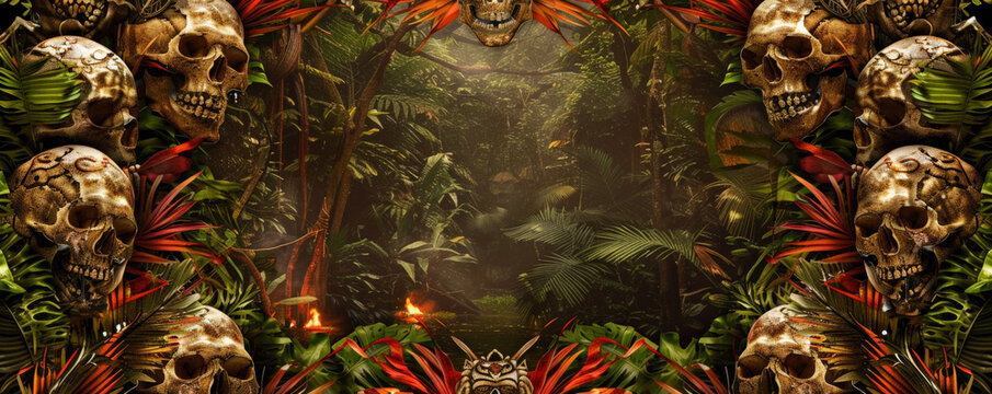 A tribal human skull frame background with a frame crafted from decorated skulls and feathers, arranged in a ritualistic pattern. The background includes a dense jungle with ancient tribal totems and