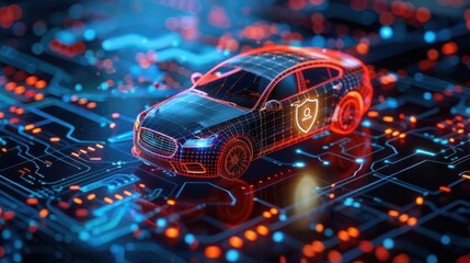 Futuristic car on a neon-lit circuit board, symbolizing advanced automotive technology and cybersecurity