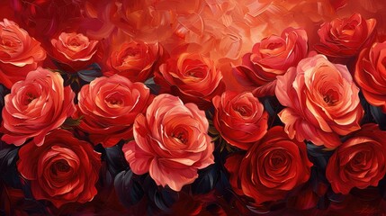 Obraz premium Red Roses Painting on Red Background. Vibrant and Elegant Floral Artwork. Beautiful Seamless Pattern with Brush Stroke Oil Painting. Wall Art Illustration