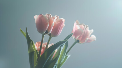 Fototapeta premium Light pink tulip bouquet on a plain background shot with soft light and a shallow depth of field : Generative AI