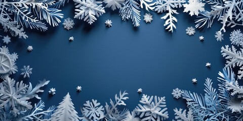 A serene winter scene featuring pine trees against a blue background with intricate snowflakes, suitable for use in designs related to calmness, serenity, or seasonal themes