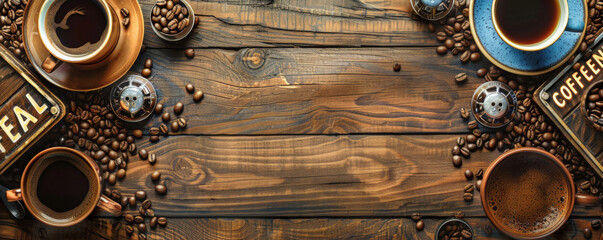 A vibrant coffee background showcasing an array of coffee-related items, including cups, saucers, coffee beans, and a vintage coffee sign, all arranged on a wooden surface