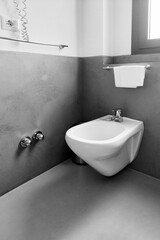 Modern Minimalist Bathroom Corner with Wall-Mounted Bidet and Towel Holder