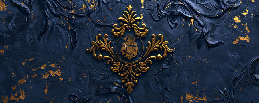 Luxury wedding mockup card background with a deep navy blue texture and gold foil accents. An ornate monogram design adds a regal touch.
