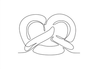 One continuous line drawing of pretzel for logo. Hand drawn line art doodle german street food salty snack bread, simple black sketch bakery concept. Vector illustration