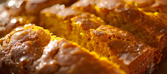 Fototapeta premium Close-up of fast food pumpkin bread showcasing detailed textures of the moist interior and golden crust