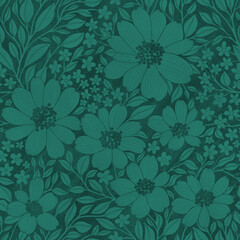 Floral Seamless Pattern of Pine Green Flowers and Leaves on Darker Backdrop with Texture. Great for Textiles, Wallpapers, Wrapping Papers, Fabrics, Prints, Package Design, Fashion, Beauty Products.