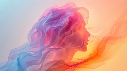 Obraz premium Abstract digital artwork featuring a vibrant and colorful female silhouette blending into a soft, flowing, multicolored background.