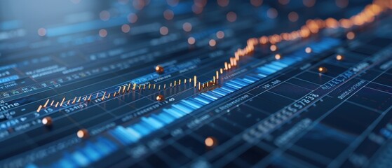 Abstract financial graph with candlestick chart on blue background. Concept of stock market, growth, investment, and economic analysis.